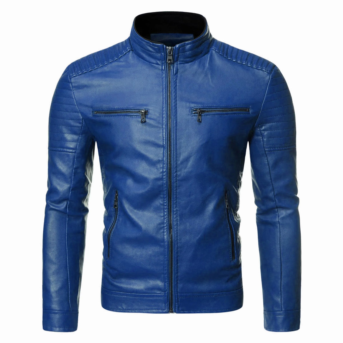 Winter Stand Collar Zip-Up Pocket PU Leather Jacket Men's Slim Business Casual