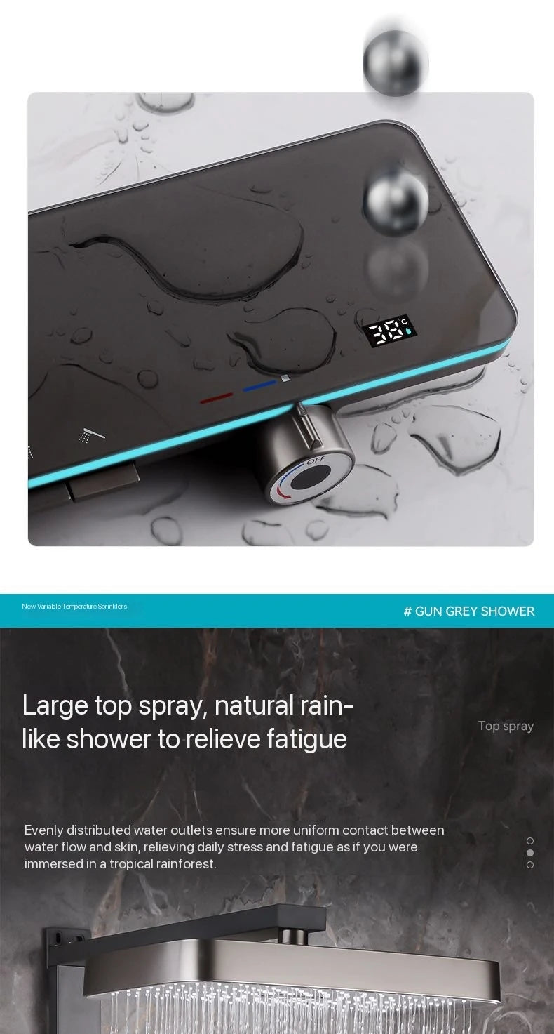 Gray Piano Button Ambient Light Bathroom Shower Full Set Digital Display Shower System Sets Rain Faucets Shower Head