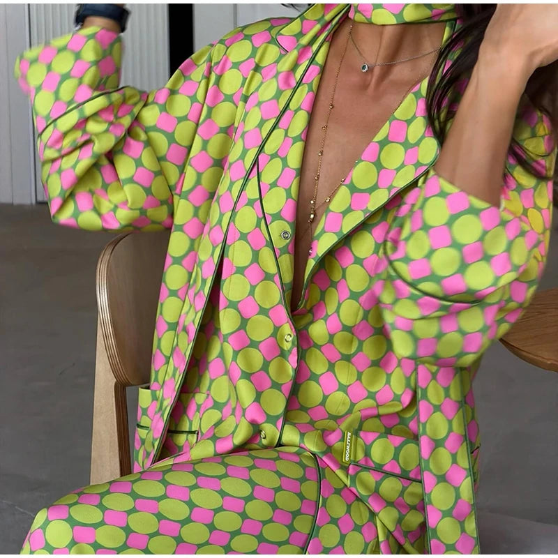 Vacation Geometric Printed Loose Pants Sets Women Lapel Full Sleeve Pocket Shirts Wide Leg Pant Suits 2026 Summer Street Outfit