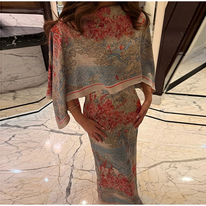 Women Floral Dress With Attached Shawl Cape Overlay Waisted Bodycon Maxi Dresses Fashion Elegant Commute 2026 Summer Autumn Gown