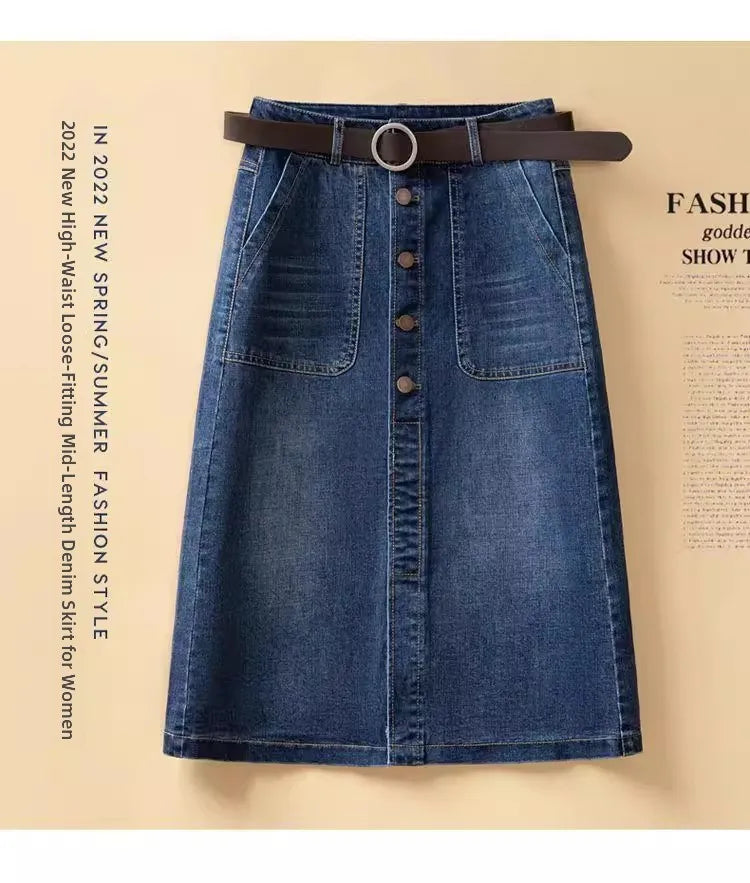 High Waist Washed Cotton Denim Skirt Mid-Length A-Line Women's Skirt Spring Summer New Style Casual Pure Color Button Design