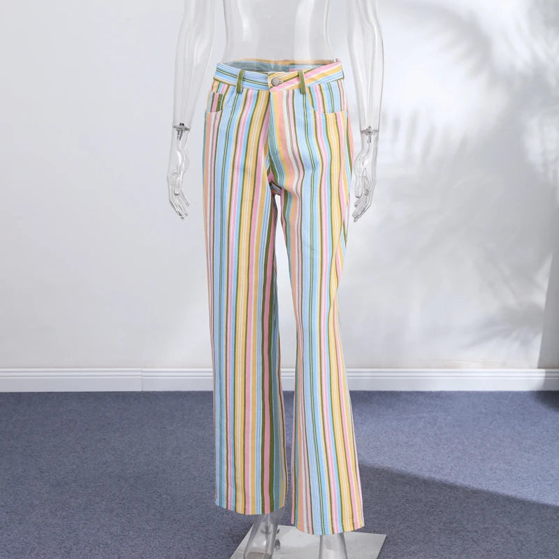 Street Fashion Stripe Women's Pants Zipper Button Pocket Wide Leg Multicolor Vertical Pants 2026 Spring Summer Lady Trousers