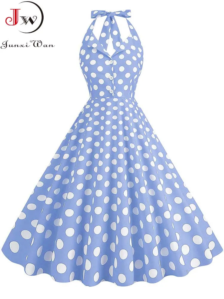 Sexy Retro Polka Dot Halter Dress Women Audrey Hepburn 50s 60s Vintage Gothic Pin Up Rockabilly Clothing