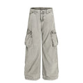 Multi-Pocket Cargo Jeans Mens Retro High Street Washed Distressed Straight Wide Leg Trousers Men