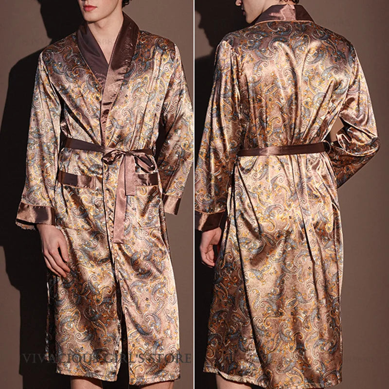 Pajama Men's Robe Kimono Gown Bathrobe with Pockets Print Sleepwear Home Clothing Spring Autumn Satin Nightwear Loose Loungewear