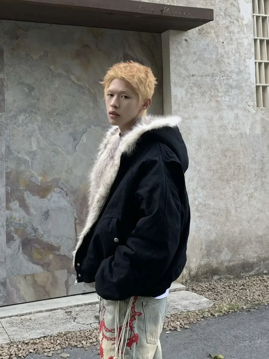 winter retro american woolen collar hooded cotton jacket thick plush top men street hip hop gothic harajuku oversize jacket coat