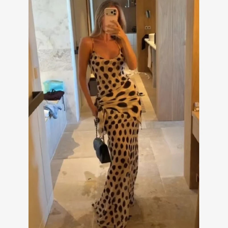 Trendy Slip Dress Animal Print V-neck Ruched Drawstring Sexy Maxi Women Dresses Beach Vacation Stylish Retro Summer Party Outfit