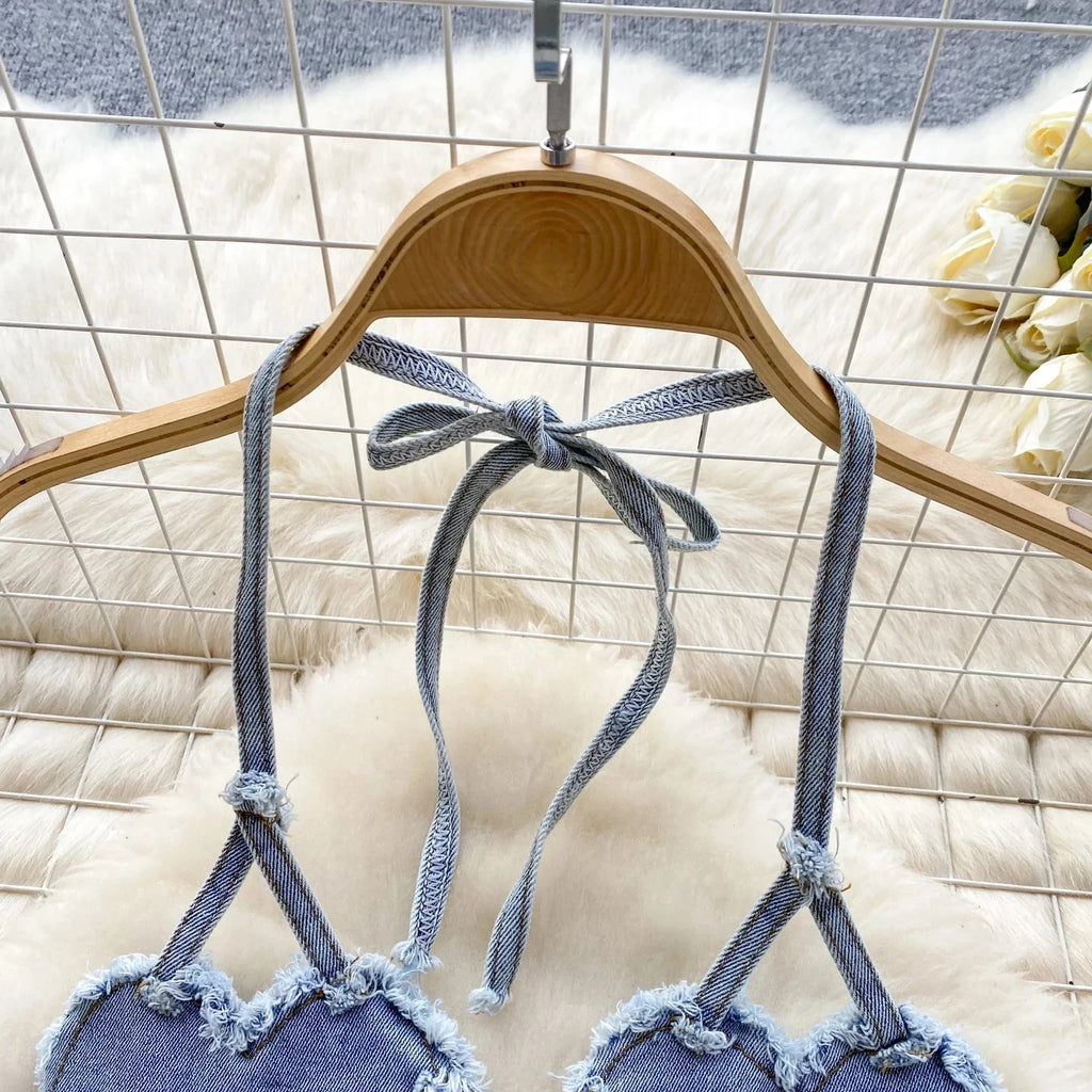 Retro Women Bikini Denim Suits Summer Halter Camis Mini Short Pant Fashion Vacation Suits Sexy Comfortable