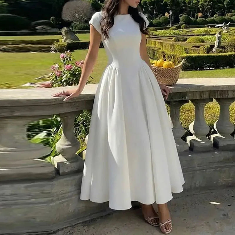 Temperament O-Neck High Waist Banquet Evening Dress Elegant Backless Slim A-Line Dress Trendy Solid Short Sleeved Splice Dress