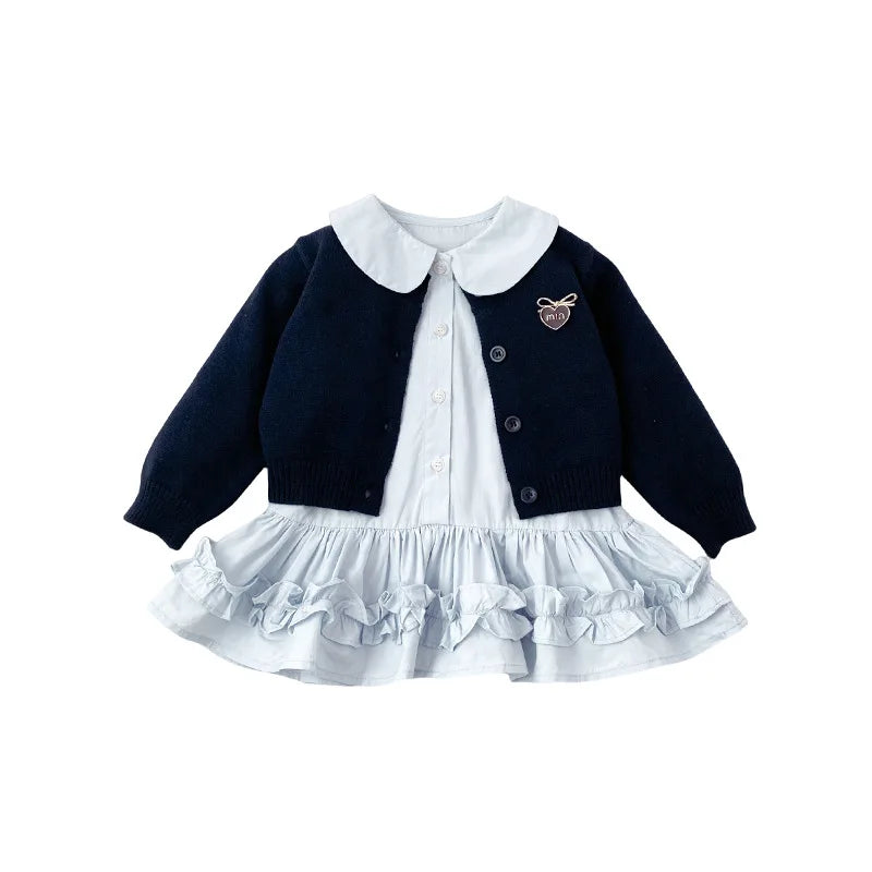 Girls Dress Set 2025 Spring and Autumn New Love Knitted Cardigan Sweater Ruffled Shirt Dress Two Piece Set