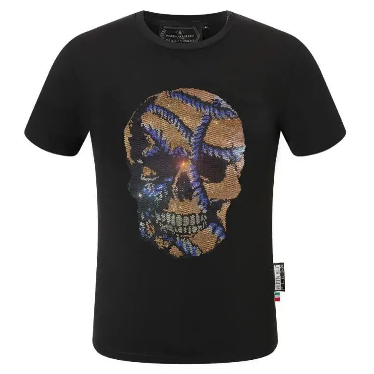 2025 Summer New Luxury Men's Fashion Skull Design Rhinestones T-Shirt Pure Cotton Crew-Neck Casual High Quality