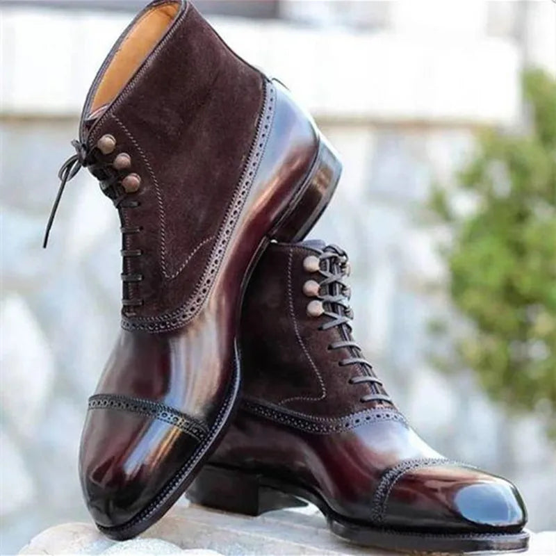 Men Short Boots Brown Bullock Flock Lace-up Square Toe Handmade Business Ankle Shoes for Men with  Zapatos Hombre