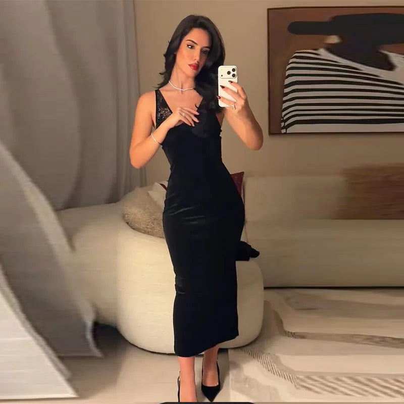 Sexy Deep V-neck Lace Spliced Sequins Long Dress Women Sleeveless Backless Hip Package Slim Dresses 2026 Spring Lady Party Gowns