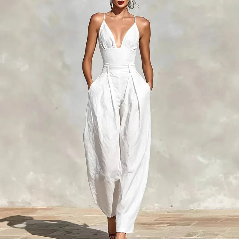 Elegant Sexy V-Neck Spaghetti Strap Jumpsuit Women High Waist Wide Leg Casual Romper Spring Boho Solid Backless Pockets Overalls