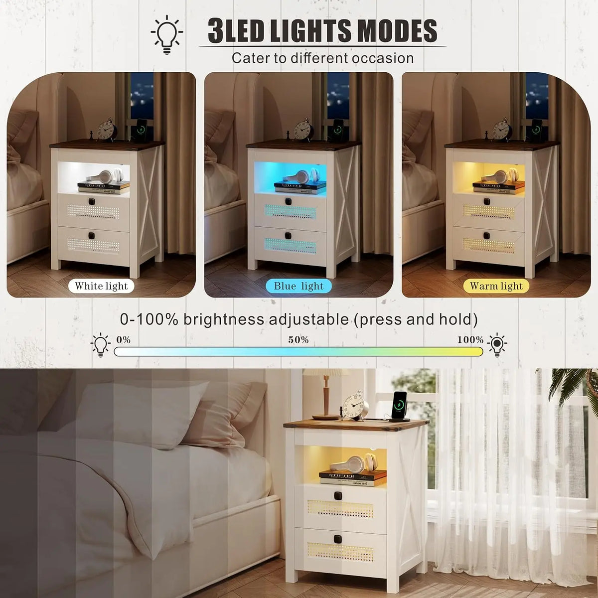 LED Nightstand with Gun Drawer & Charging Station | Human Sensor Lights, Hidden Storage, Farmhouse Rattan Style, 3 Drawers, Beds