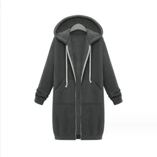 Autumn Winter Women's Hooded Long Sleeve Mid-Length Sweatshirt Fleece Jacket Comfortable Casual Style Polyester Fabric