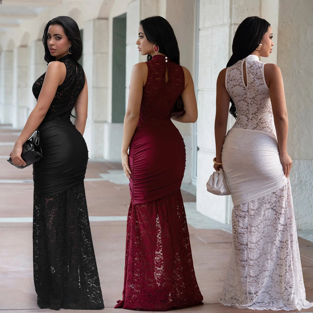 Sexy Women Lace Hollow Out Sleeveless Ruched High Split Maxi Long Dress 2026 Party Trendy Birthday Vacation Beach Dresses