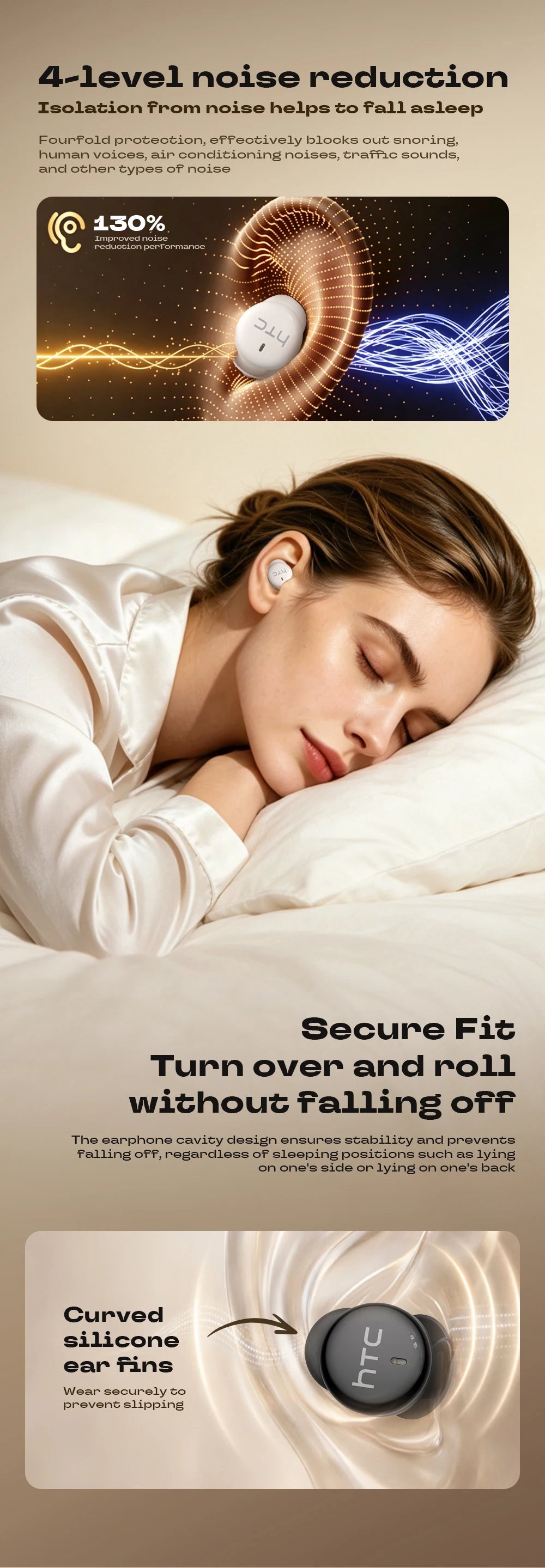 HTC NE92 Sleeping Mini Bluetooth Earphones TWS Wireless Headphones With Mic Noise Reduction Soft In-Ear Earbuds