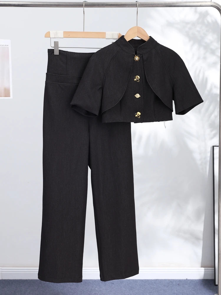 Street Denim Top Pants Women Set Short Sleeve Stand Collar Coats Wide Leg Trousers 2026 Summer Autumn 2 Pieces Set Women New