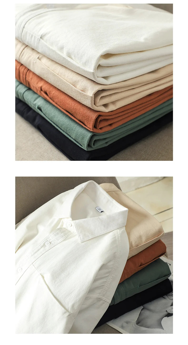 Dukeen Heavyweight Short-Sleeved Shirt Men's Summer Solid Color Lapel Pocket Casual Shirt Cotton White Shirts