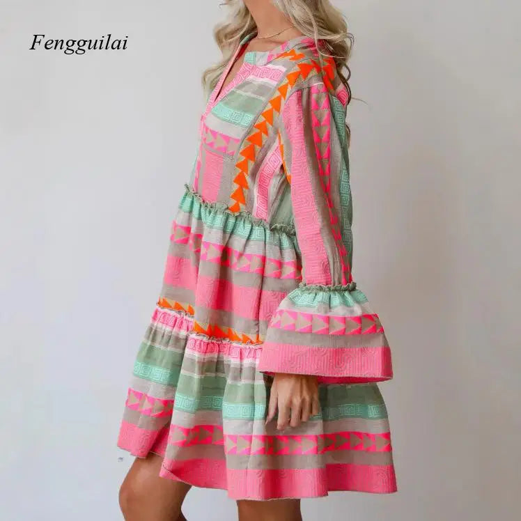 Colorful Boho Tiered Mini Dress with Bell Sleeves, V-Neck Geometric Embroidered Dress, Summer Beach Casual Dress