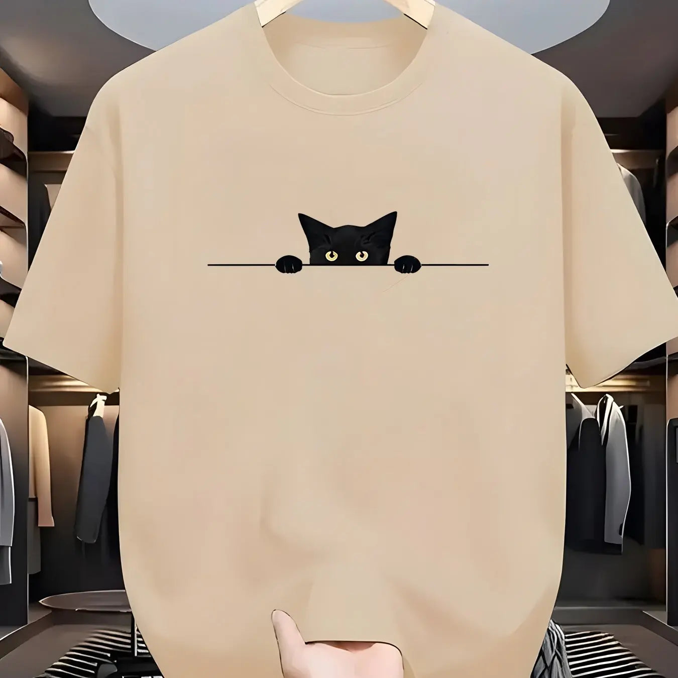 Men's Summer 100% Cotton Fashionable Casual Loose Large Cute Cat Pattern Printed Round Neck Short Sleeve T-shirt Top