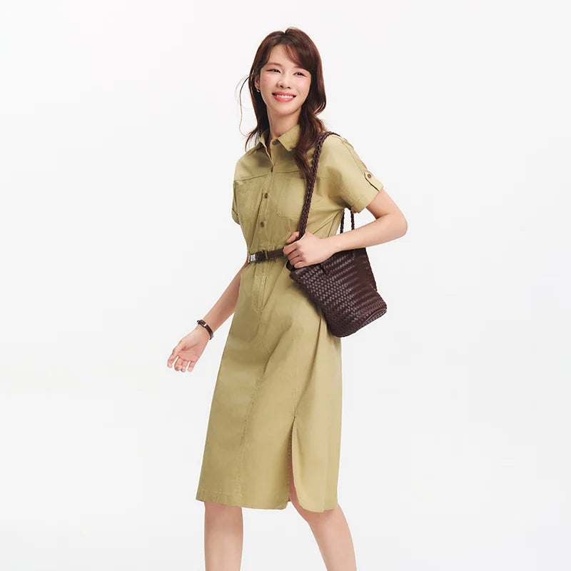 Semir Women Dress Shirt Collar Cotton Slit Midi Belt Slim Vintage Urban Workwear 2026 Summer Fashion Office Top