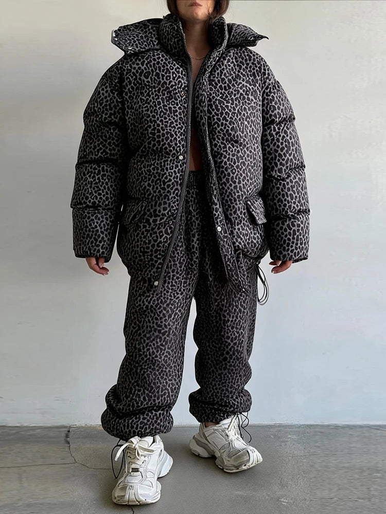 Women Winter Two‑Piece  Leopard Print Hooded Puffer Jacket Outfit Loose Cuffed Jogger Pants Warm Casual Streetwear Matching Set