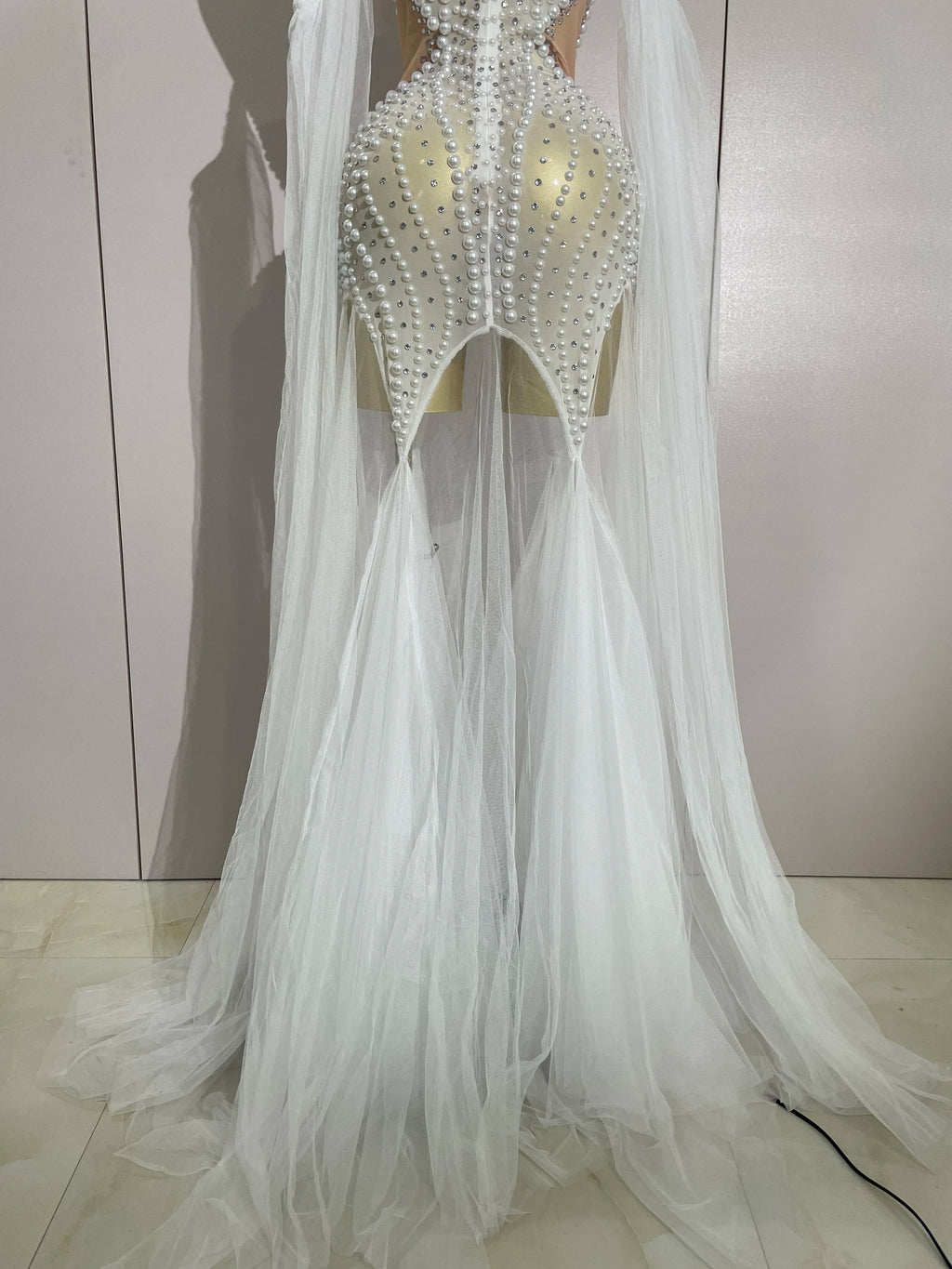 Elegant Sparkly Rhinestone White Pearl Sexy Strapless Mesh Long Dress Wedding Guest Gowns Luxury Birthday Evening Party Dress