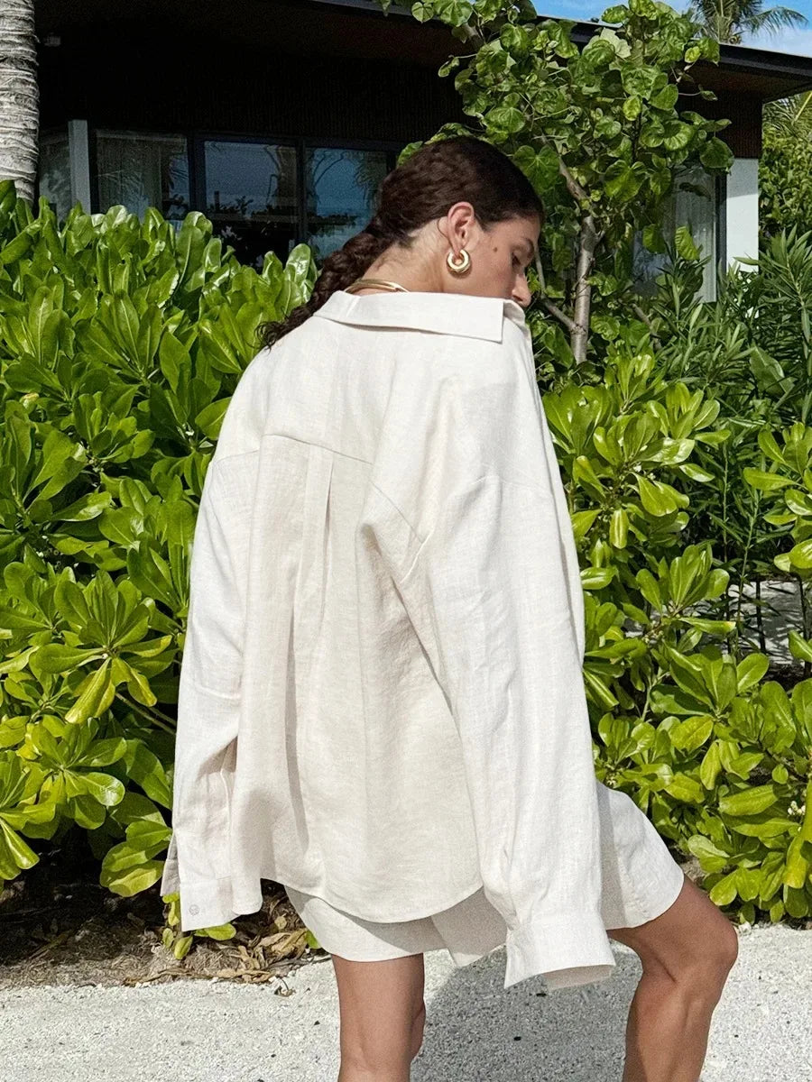 Women 2 Piece Shorts Set Casual Solid Loose Holiday Tracksuit Long Sleeve Cardigan And High Waist Female Shorts Sets 2025 Summer