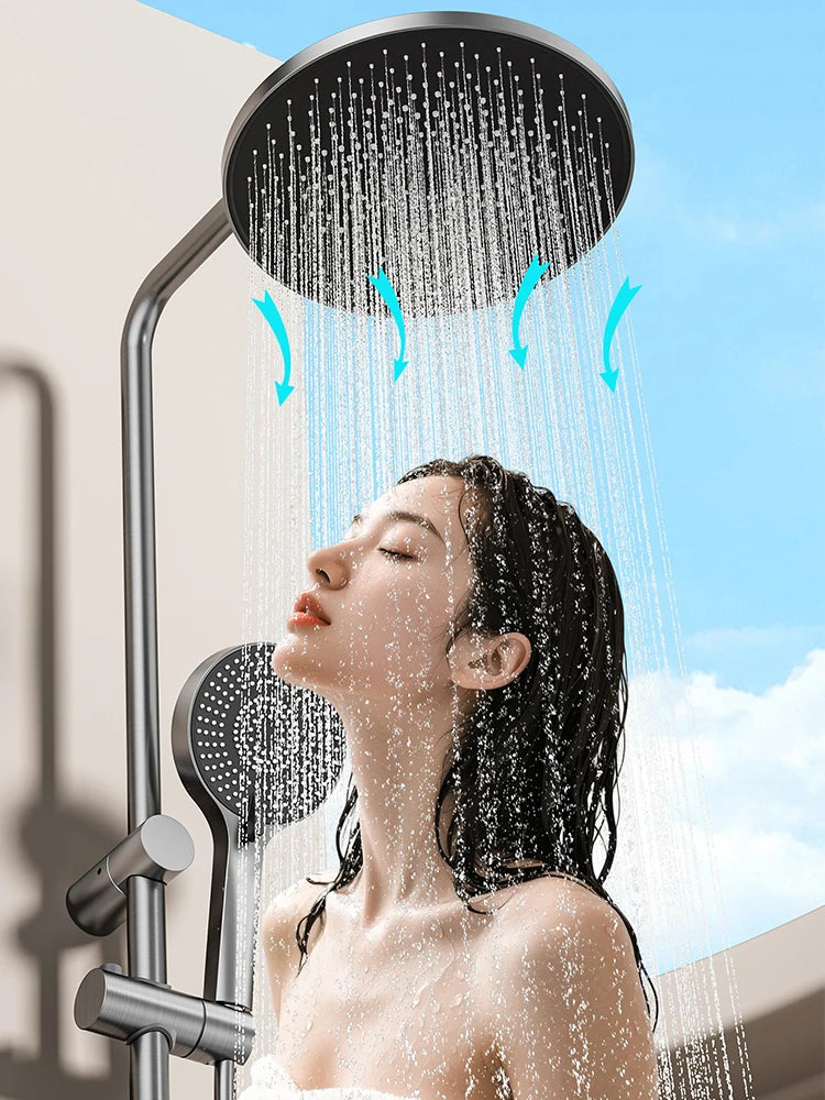 Grey Aluminum Shower Mixer Crane with Hand Shower Set Wall Mounted Bathroom Shower Faucet Set 3-way Rainlfall Showers System Set