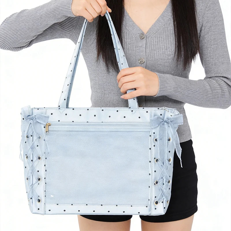 Japanese Polka Dot Shoulder Bag, Sweet Cute Large-capacity Ita Bag, Bow Lace Tie Design Handbag Fashion Lightweight Laptop Bag