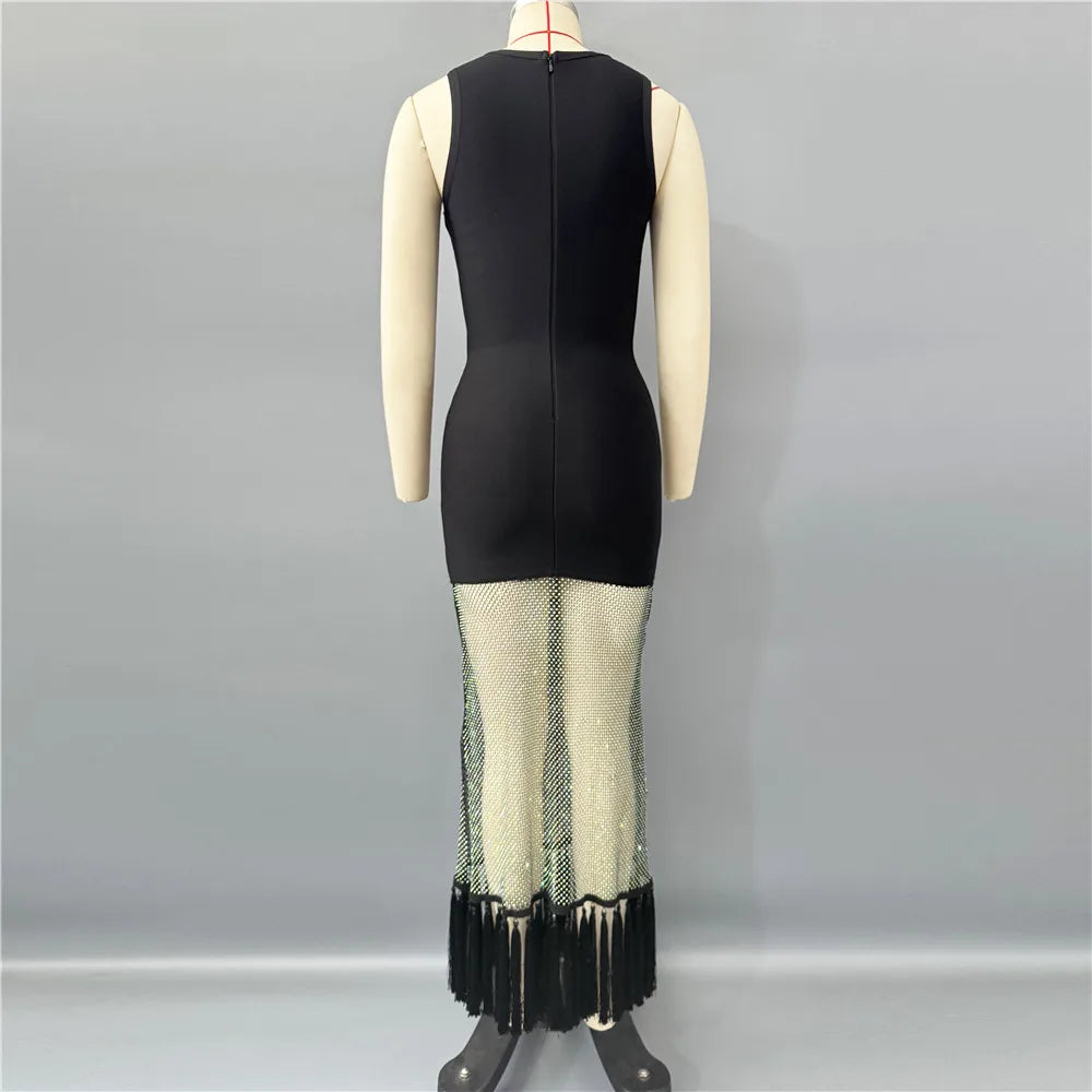 2025 New Women Sleeveless Bandage Dress Sexy Beading Tassels Clothes Club Party Elegant Dresses