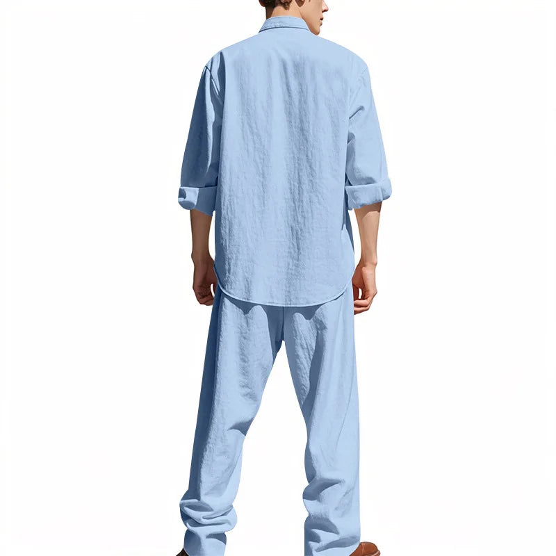 Tracksuit 2025 Seasons Linen Men's Casual Loose Breathable Long sleeved Pants Shirt Beach Set in Stock Male  Clothing Big Size