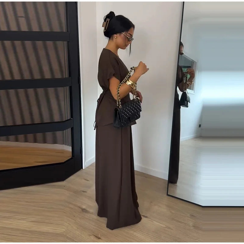 Elegant Button Top Pants Set Women Slim V-neck Short Sleeve One Button Tops High Waist Wide Leg Pant Two Piece Sets 2026 Summer