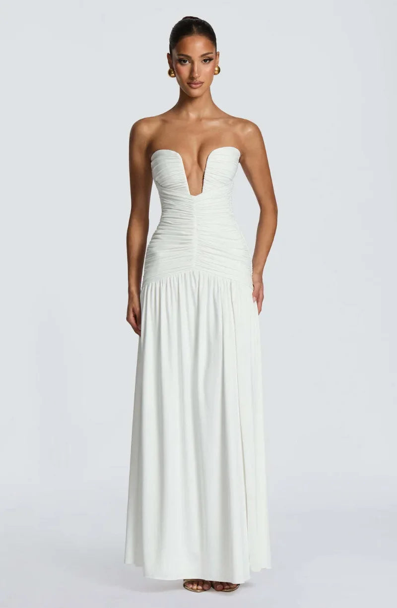 Women Elegant Deep V-neck Pleated Strapless Dress Chic Off-shoulder Backless Split Maxi Dresses 2026 Lady Evening Party Vestidos