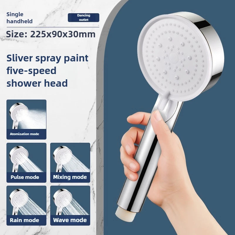 High-Pressure Handheld Shower Head with Stand and Hose - 5 Adjustable Water Flow Modes, Round Plastic Bathroom Accessory