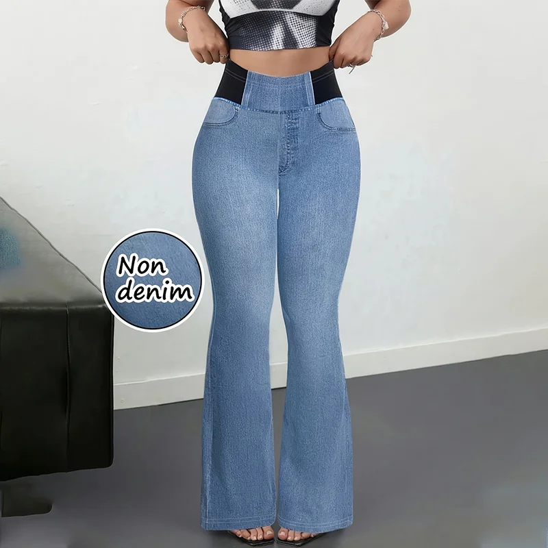 Women's Imitation Denim Flared Jeans, High Waist Stretchy Leggings Booty Lifting Casual Pants Trousers for Casual Streetwear