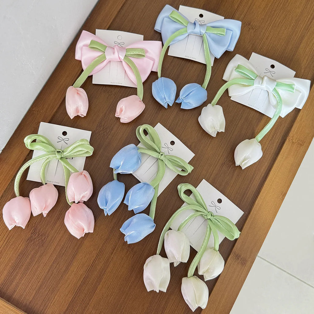 Korean Tulip Flower Bow Hair Clip Girls Sweet Fashion Versatile Duckbill Clip Children Kids Princess Hair Styling Accessories