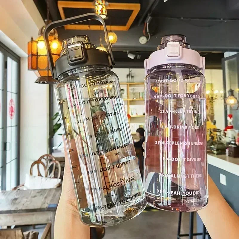 2L Water Bottle Portable Straw Plastic Water Cup for Outdoor Sports Fitness Adult High Value Big Fat Cup with Time Marker