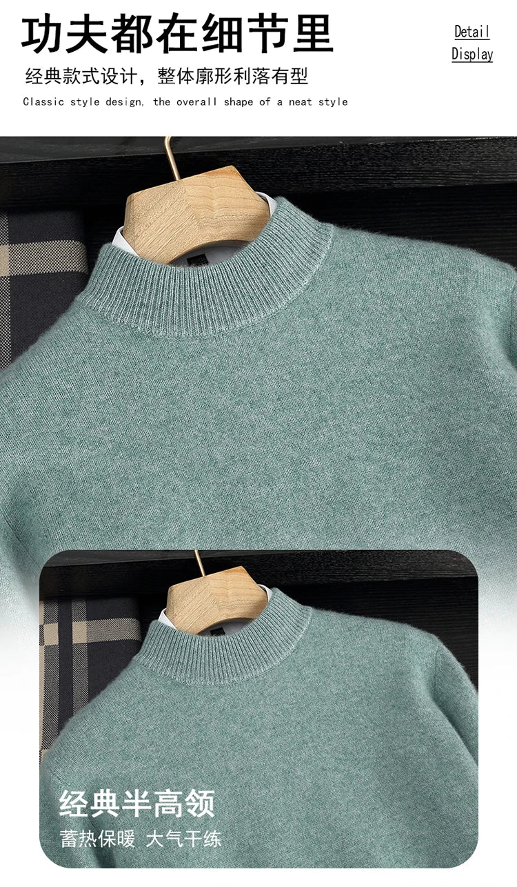 Autumn/Winter Men's 100% Cashmere Pullover Business Casual Solid Knitted Sweater Loose Half High Neck Tops Thick Warm Jumper