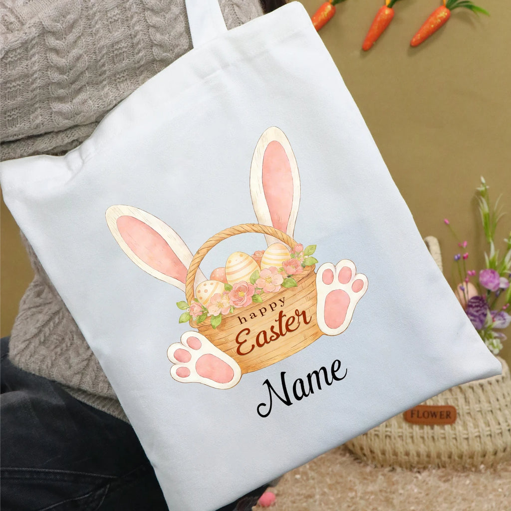Custom Easter Tote Bag With Bunny And Floral Design, Personalized Name Shoulder Handbag For Spring Celebrations,