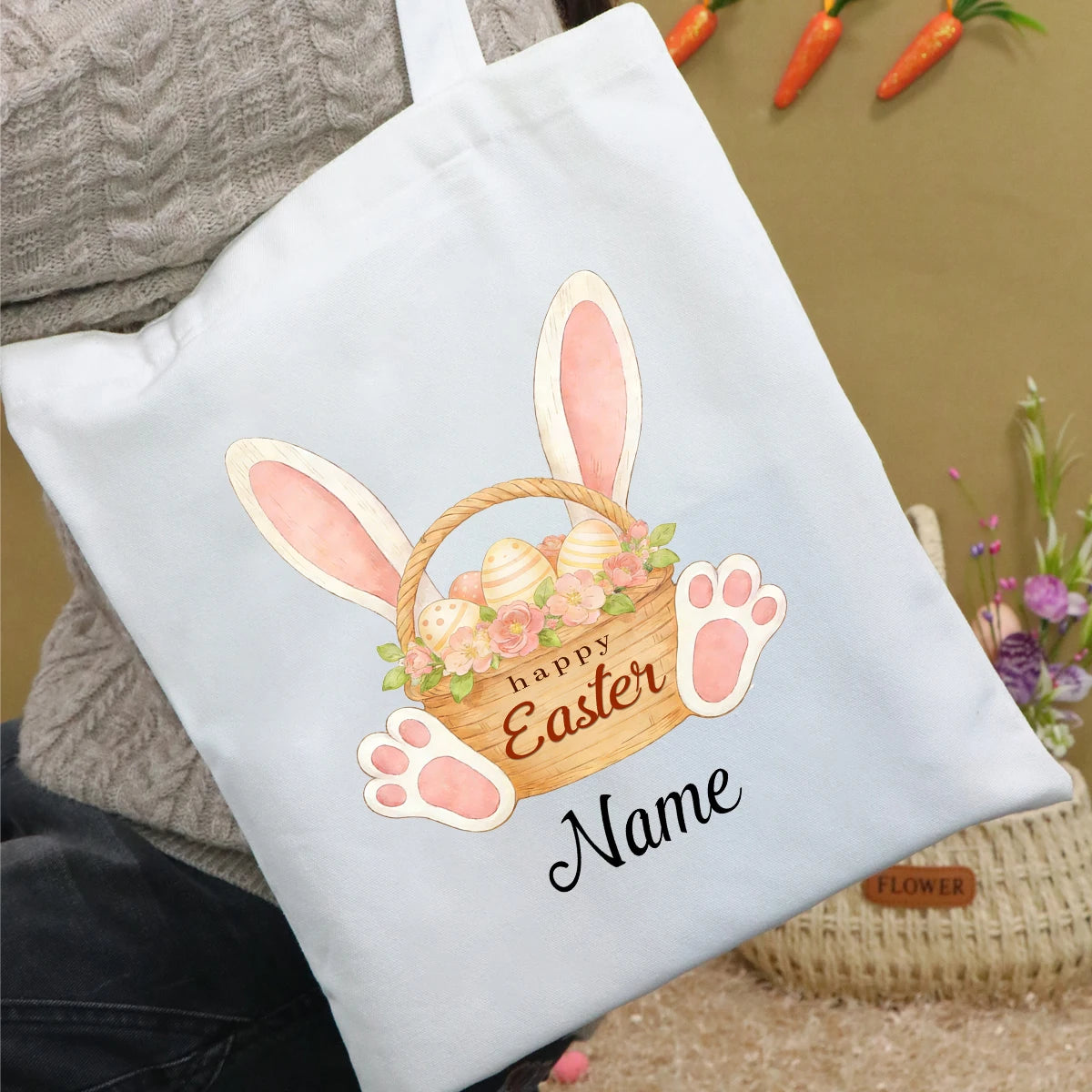 Custom Easter Tote Bag With Bunny And Floral Design, Personalized Name Shoulder Handbag For Spring Celebrations,