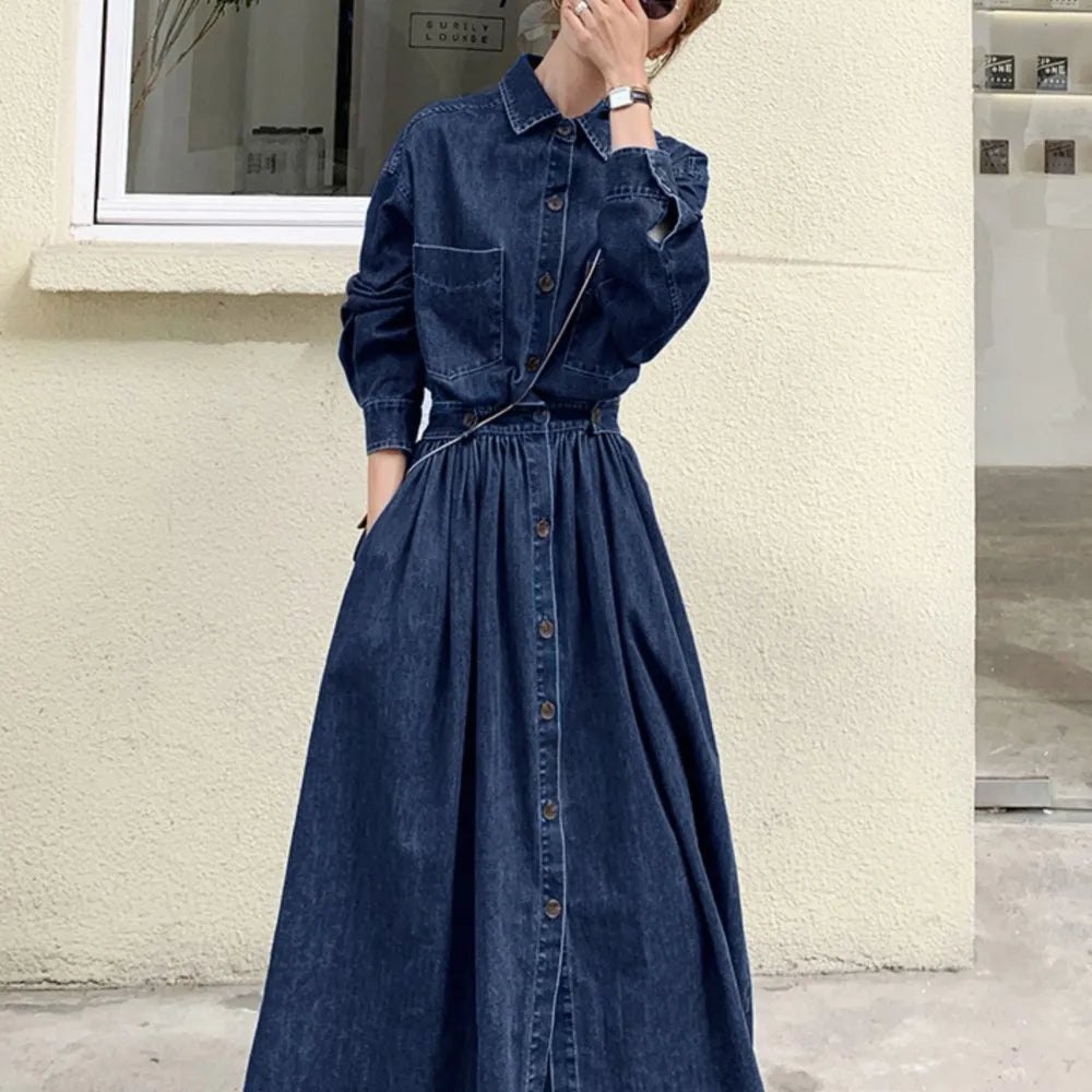 Denim long dress women A-line high waisted long sleeves casual roupas femininas