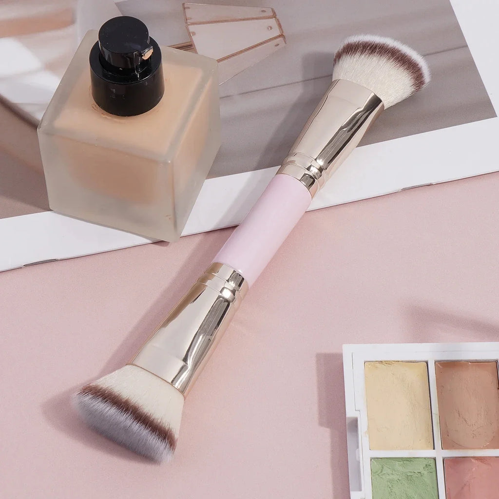 Double Head Makeup Brushes 2 In 1 Flat/Angled Foundation Concealer Contour Brush for Blending Loose Powder Liquid Cream