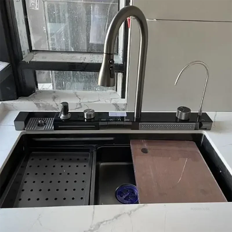 304 Stainless Steel Kitchen Sinks Large Single Bowl Nano Embossed Wash Basin Digital Display Modern Home Station