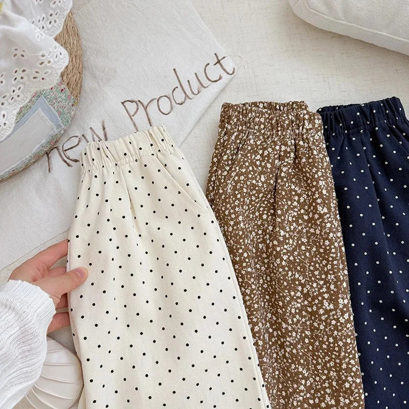 Korean Style Baby Girls Polka Dot Wide Leg Pants Lace Hem Loose Trousers Toddler Kids Elastic Waist Casual Fashion Pants