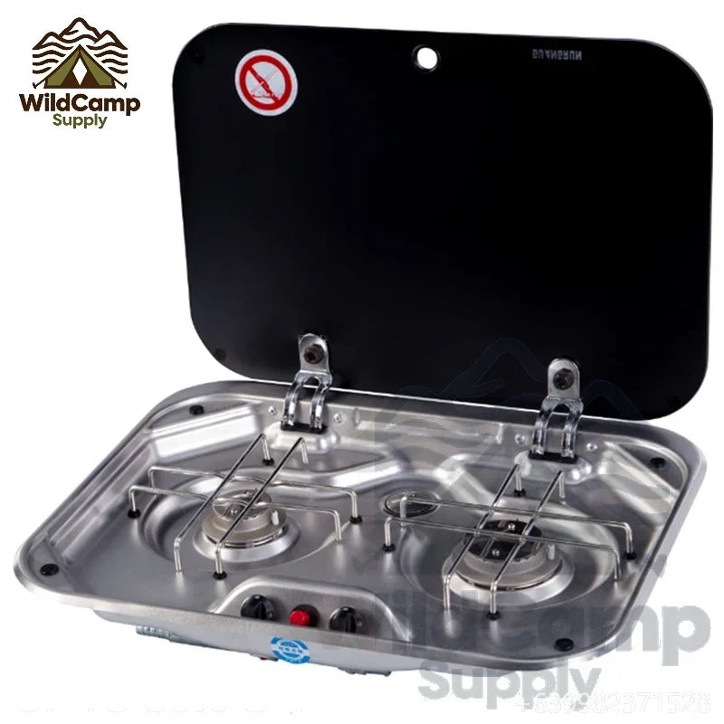 Outdoor RV Camper Kitchen Stainless Steel Gas Double-headed Stove Tools Tempered Glass Cover 2*1.35KW Camping Car Accessories