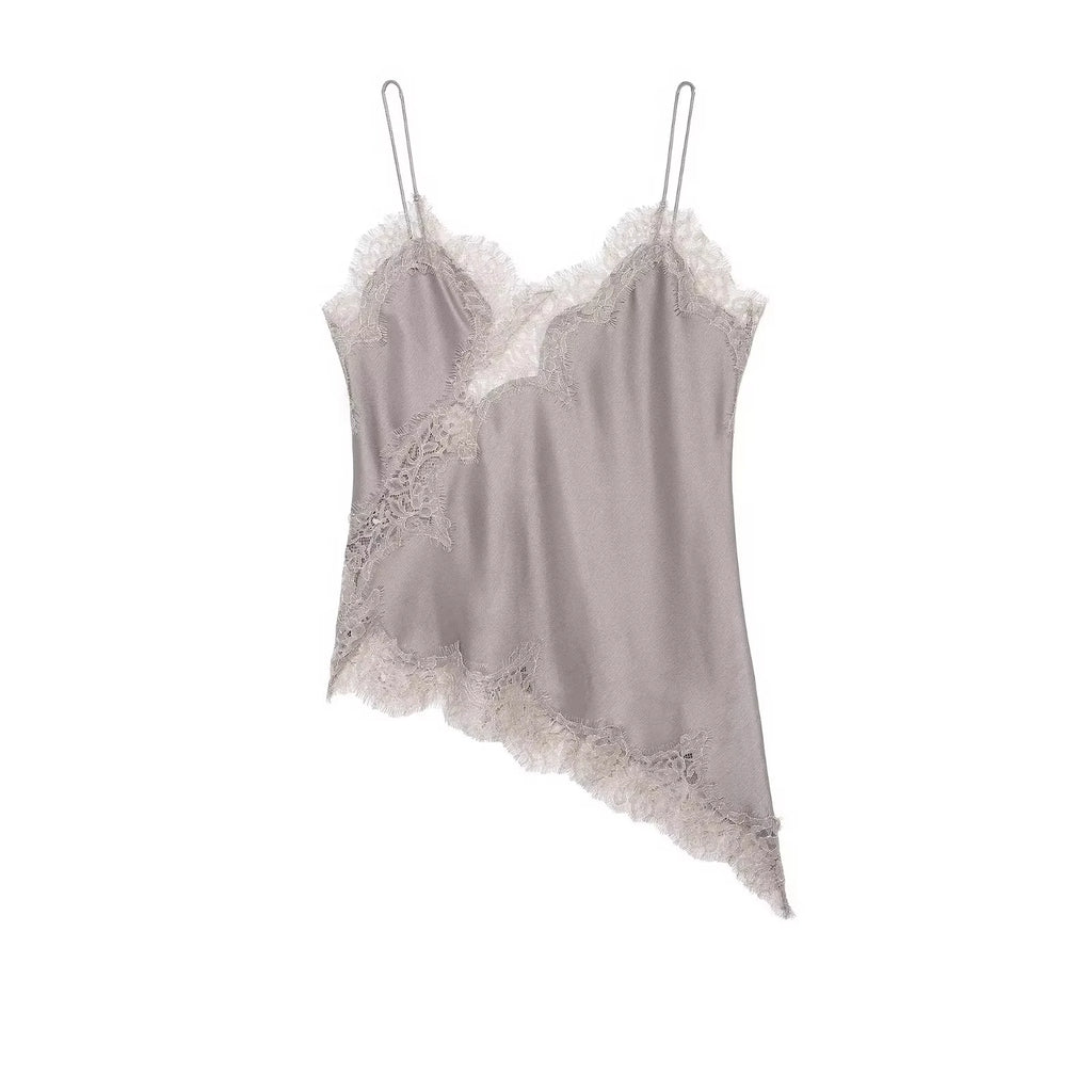 HH Women Fashion Lace Stitching Camisole Asymmetric Hem Sexy Backless Tank Top Summer Trend Lady Club Party Evening Chic Tops