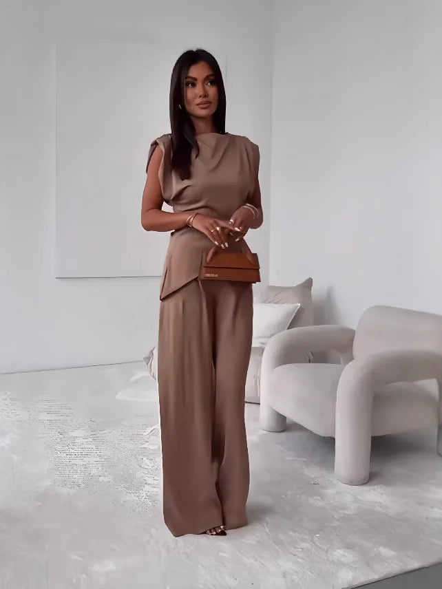 Women's Sleeveless High Waist Wide Leg Pants Set Elegant Solid Color Casual Two Piece Outfit for Summer Office Wear Fashion